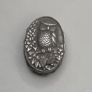 Vintage MS DEE Pewter Owl Brooch Trinket Box w Earrings #18